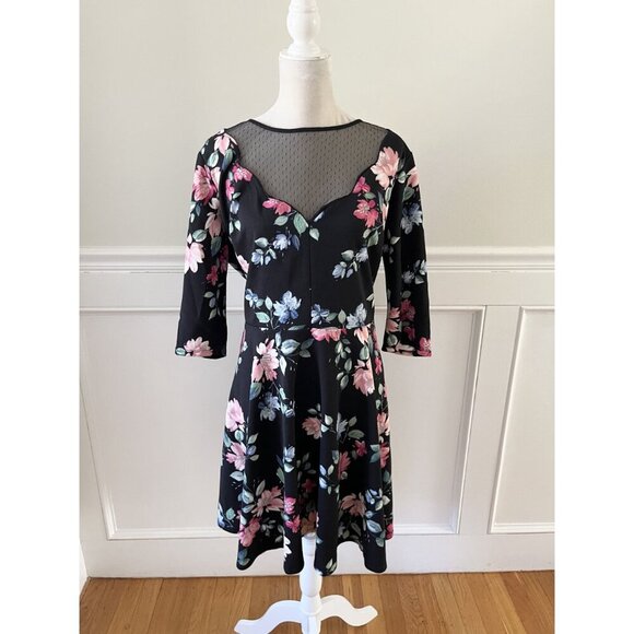 City Studio Womens Floral Fit & Flare Dress Size 18 Black Mesh Insert 3/4 Sleeve - Picture 6 of 6